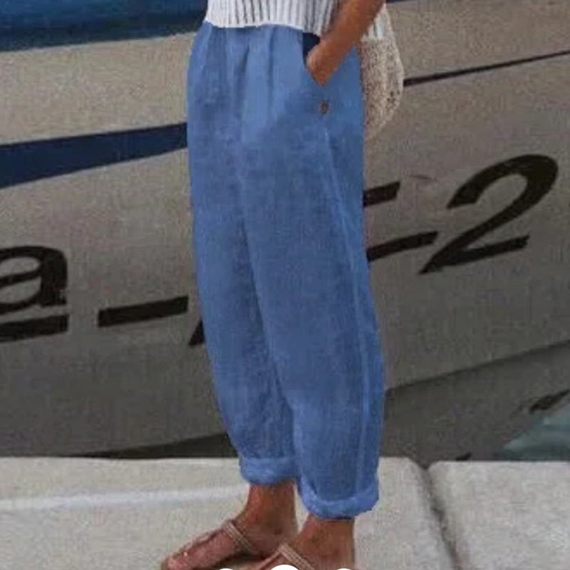 Pantaloni Casual in Cotone e Lino a Colore Unito