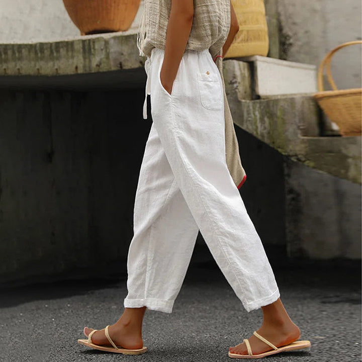 Pantaloni Casual Larghi in Cotone e Lino a Colore Unito