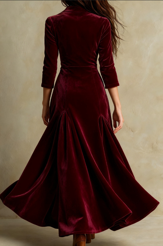 Abito Lungo in Velluto Elegante Retro Marrone con Collo