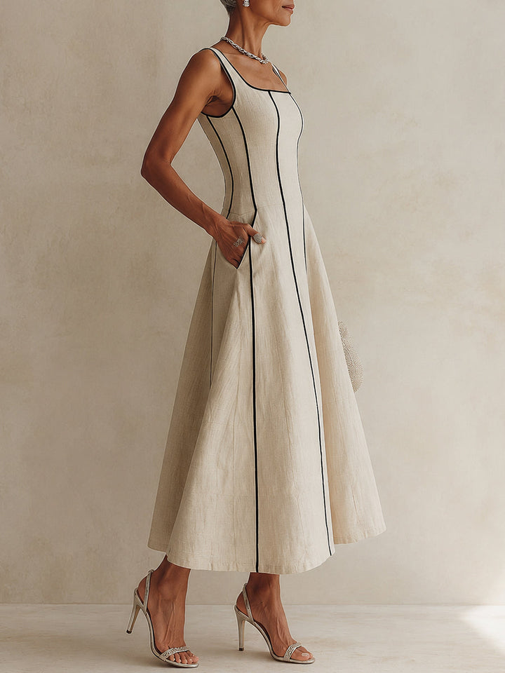 Abito Maxi A-Line Minimalista Nero a Righe Albicocca