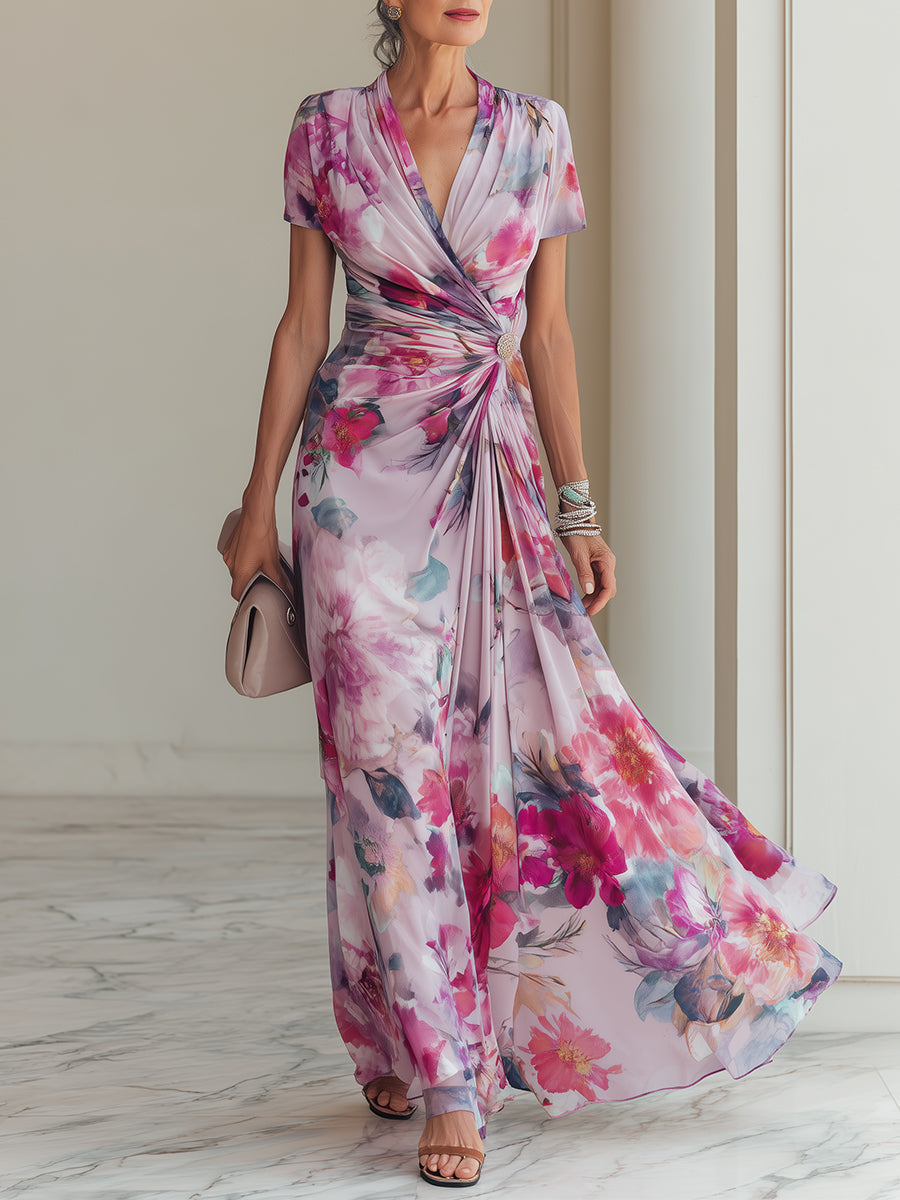 Elegante Abito Maxi in Chiffon Stampato con Scollo a V Incrociato
