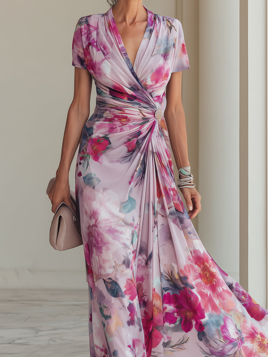 Elegante Abito Maxi in Chiffon Stampato con Scollo a V Incrociato