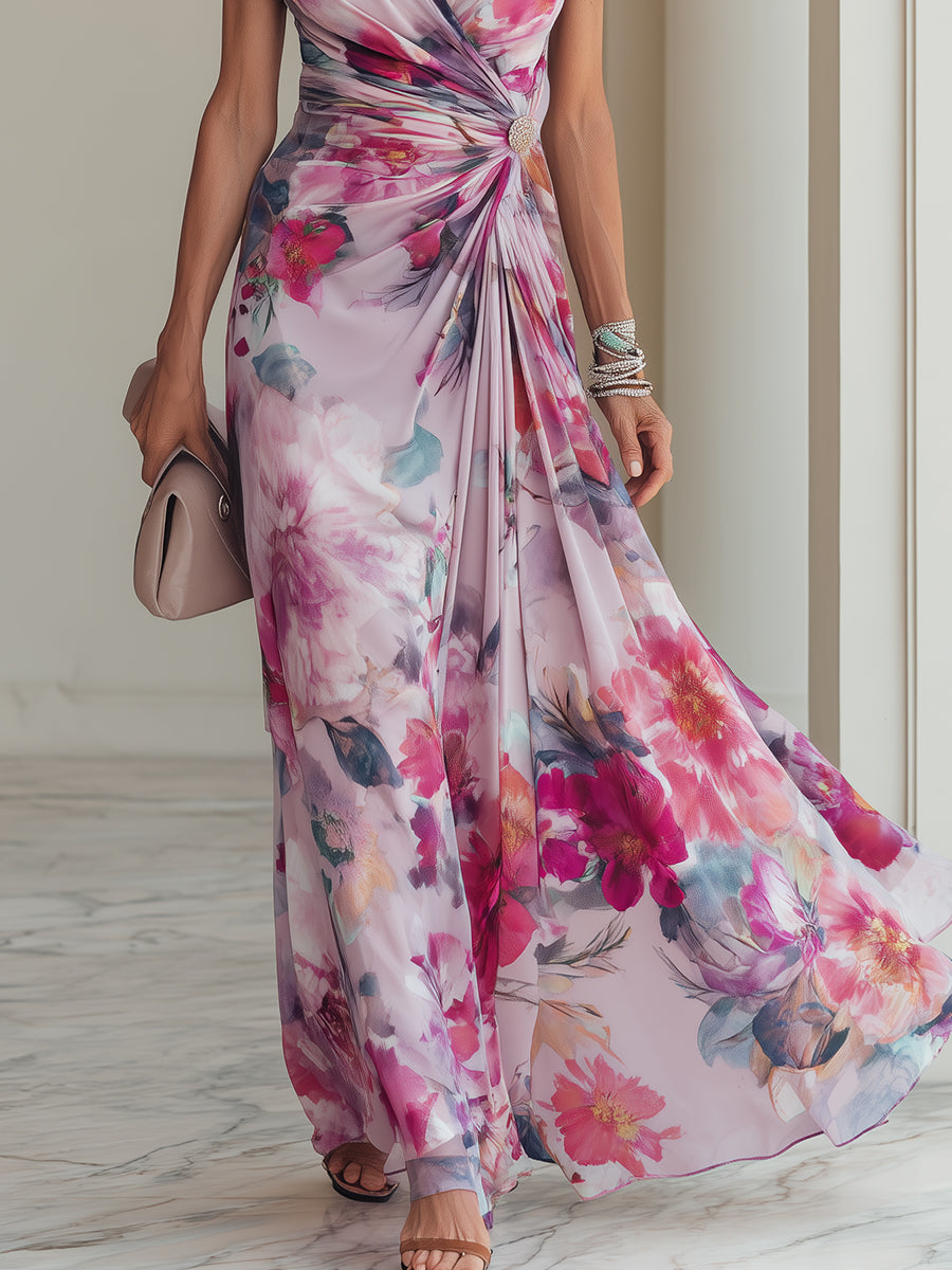 Elegante Abito Maxi in Chiffon Stampato con Scollo a V Incrociato