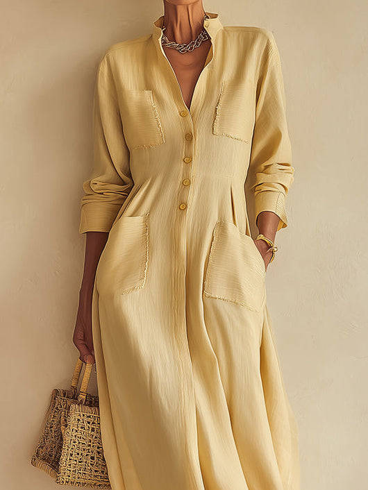 Abito Maxi in Cotone-Lino Giallo con Collo Stand e Tasche a Patta