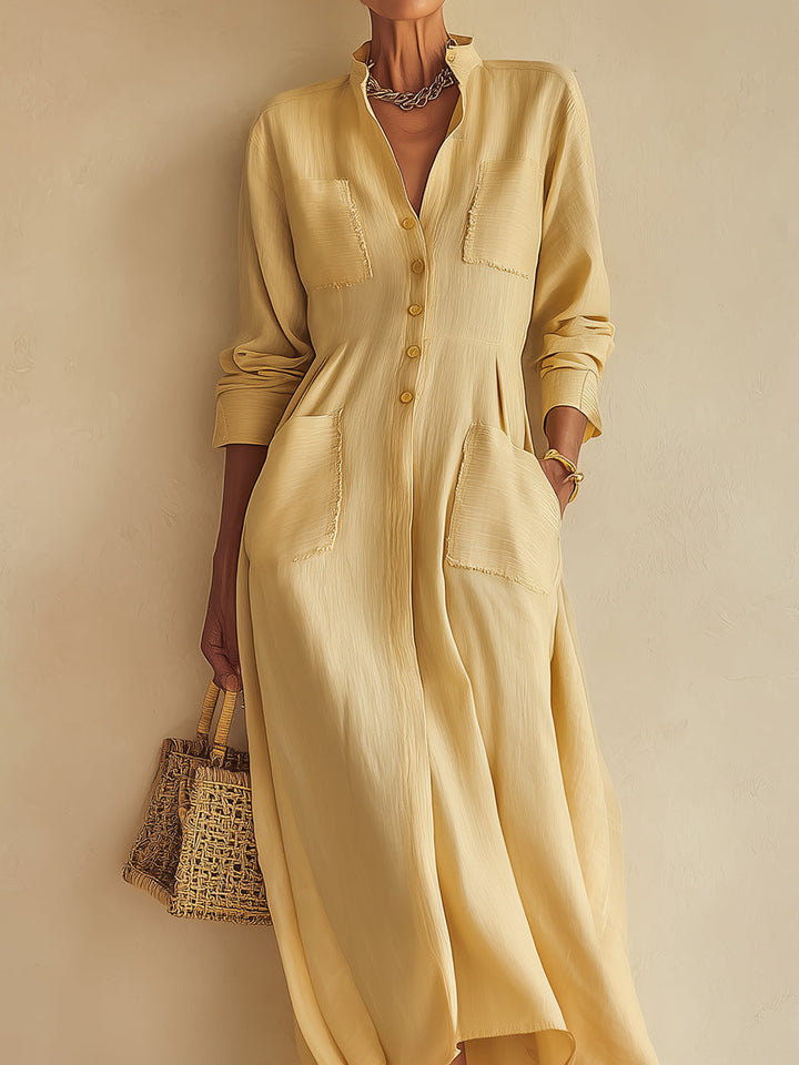 Abito Maxi in Cotone-Lino Giallo con Collo Stand e Tasche a Patta