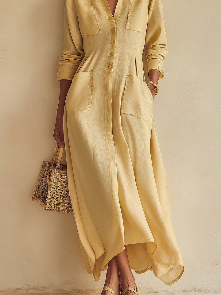 Abito Maxi in Cotone-Lino Giallo con Collo Stand e Tasche a Patta