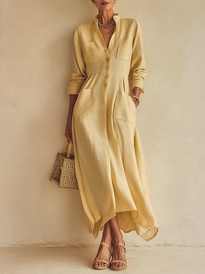 Abito Maxi in Cotone-Lino Giallo con Collo Stand e Tasche a Patta