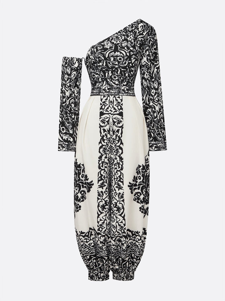 Salopette Harem Vintage Floreale Nero e Bianco con Spalla Scoperta e Tasche