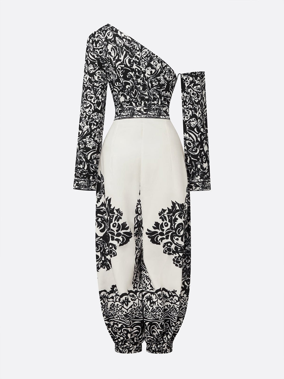 Salopette Harem Vintage Floreale Nero e Bianco con Spalla Scoperta e Tasche