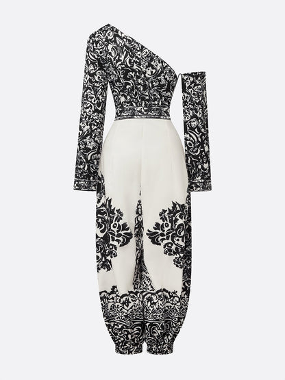 Salopette Harem Vintage Floreale Nero e Bianco con Spalla Scoperta e Tasche