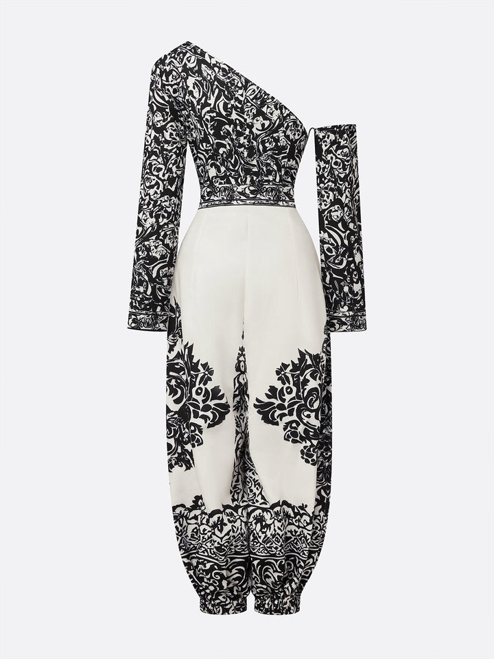 Salopette Harem Vintage Floreale Nero e Bianco con Spalla Scoperta e Tasche