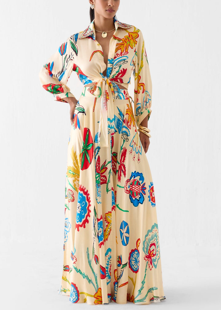 Set due pezzi boho con camicia e gonna maxi a vita alta con stampa floreale tropicale