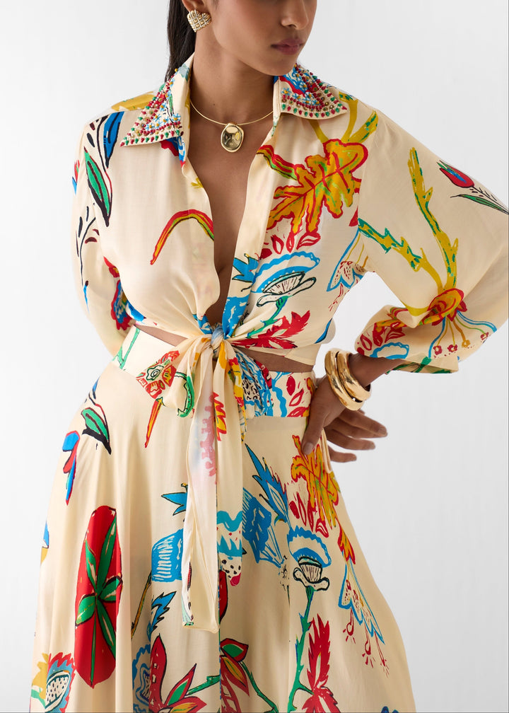 Set due pezzi boho con camicia e gonna maxi a vita alta con stampa floreale tropicale