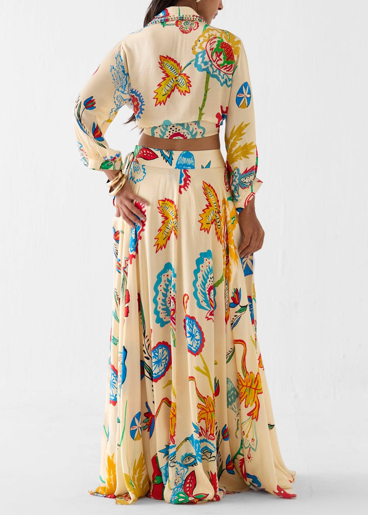 Set Due Pezzi Boho con Camicia e Gonna Maxi a Stampa Floreale Tropicale