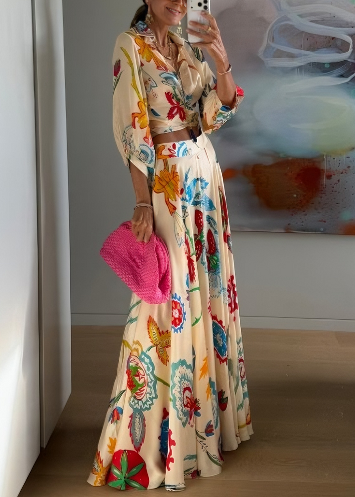 Set Due Pezzi Boho con Camicia e Gonna Maxi a Stampa Floreale Tropicale