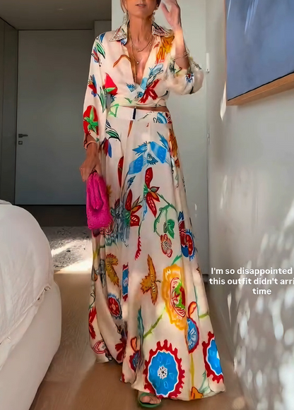 Set due pezzi boho con camicia e gonna maxi a vita alta con stampa floreale tropicale