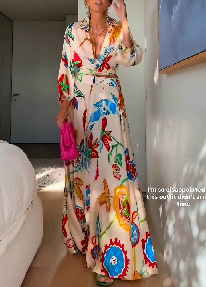 Set Due Pezzi Boho con Camicia e Gonna Maxi a Stampa Floreale Tropicale