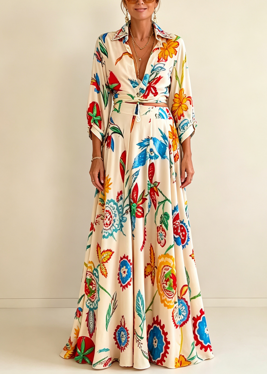 Set Due Pezzi Boho con Camicia e Gonna Maxi a Stampa Floreale Tropicale