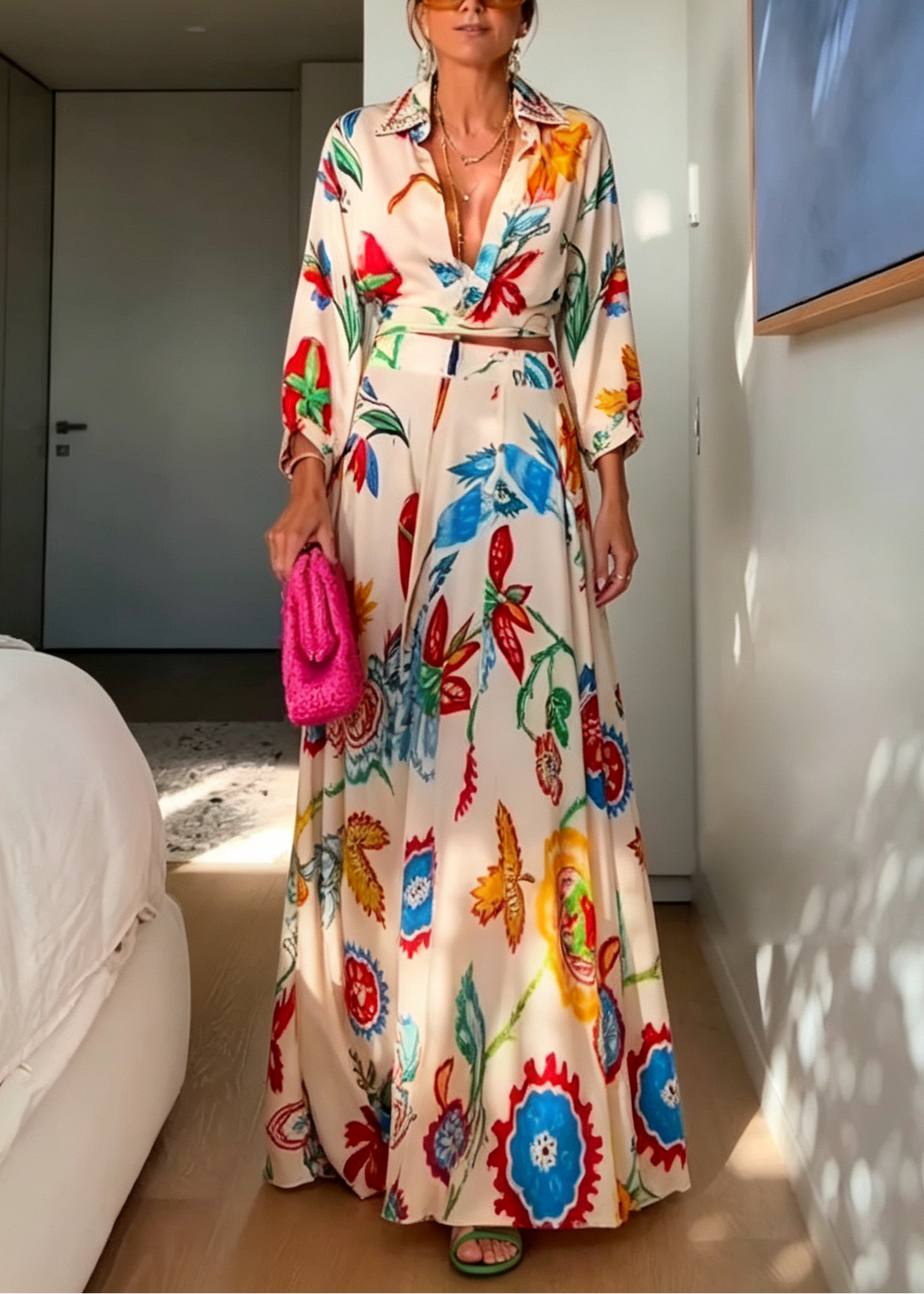 Set Due Pezzi Boho con Camicia e Gonna Maxi a Stampa Floreale Tropicale