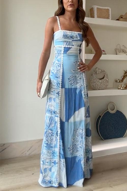 Abito Maxi Cami Stampato con Spalline Ric Rac e Schiena a Fiocco
