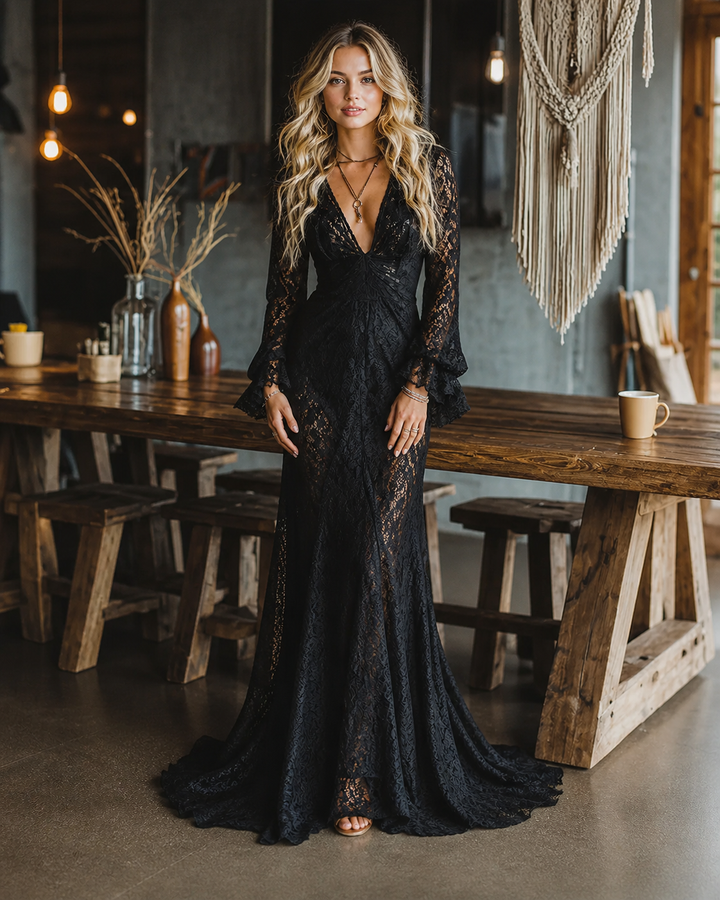 Abito Maxi Nero in Pizzo Gotico con Maniche a Campana e Scollo a V