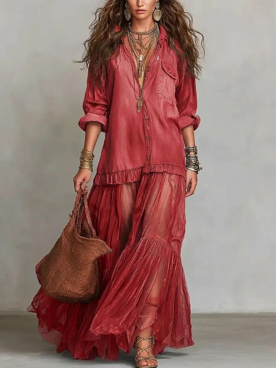 Abito Maxi in Denim Blu Finto con Collo Camicia e Tasche Trasparenti