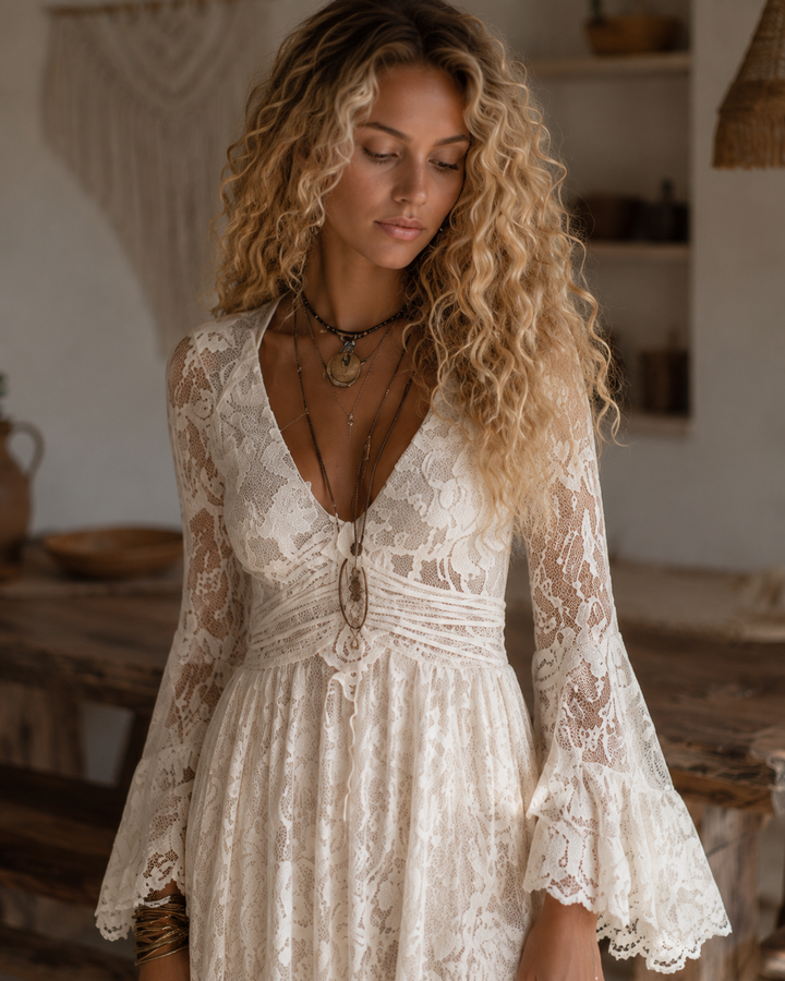 Abito Maxi Bohemien in Pizzo Apricot con Scollo a V e Maniche a Campana