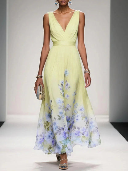 Abito Maxi A-Line Senza Maniche V con Fiori Blu Chiaro in Chiffon