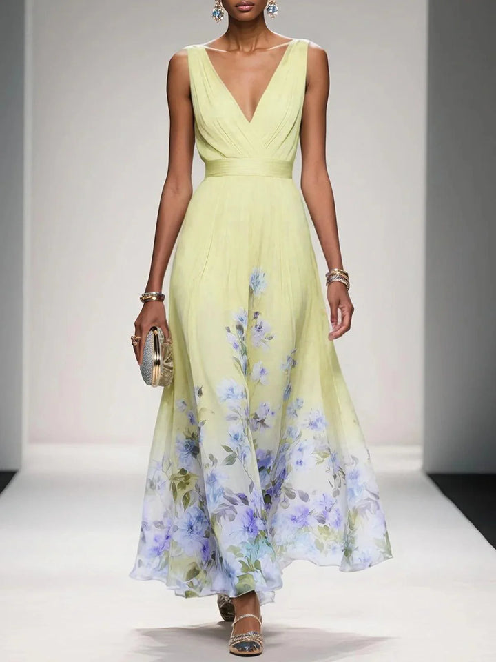 Abito Maxi A-Line Senza Maniche con Scollatura a V in Chiffon Floreale Blu Chiaro