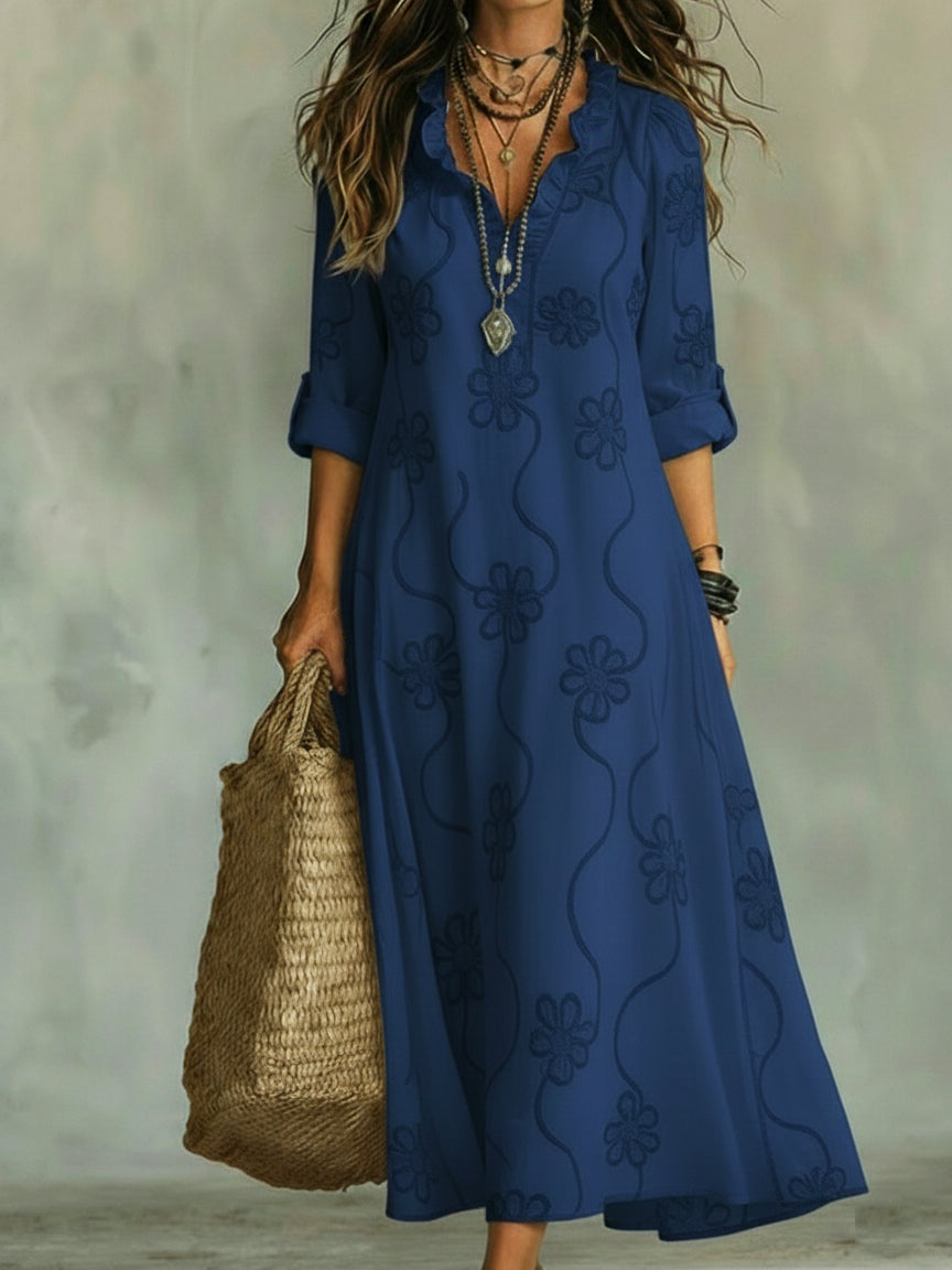 Abito Midi con Collo Ruffle a Stampa Floreale Elegante