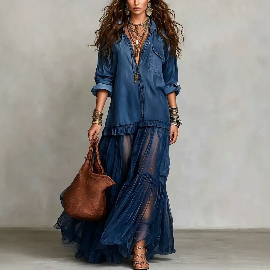 Abito Maxi in Denim Blu Finto con Collo Camicia e Tasche Trasparenti