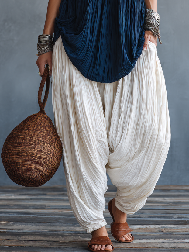 Top Plissettato Senza Maniche e Pantaloni a Lanterna Set Due Pezzi Largo e Casual