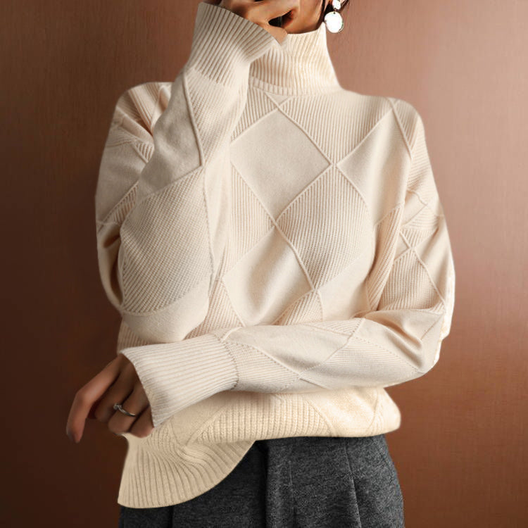 Maglione invernale lungo a maniche lunghe con collo alto e motivo a losanghe
