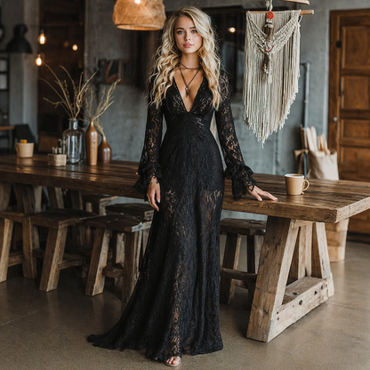 Abito Maxi Nero in Pizzo Gotico con Scollo a V e Maniche a Campana