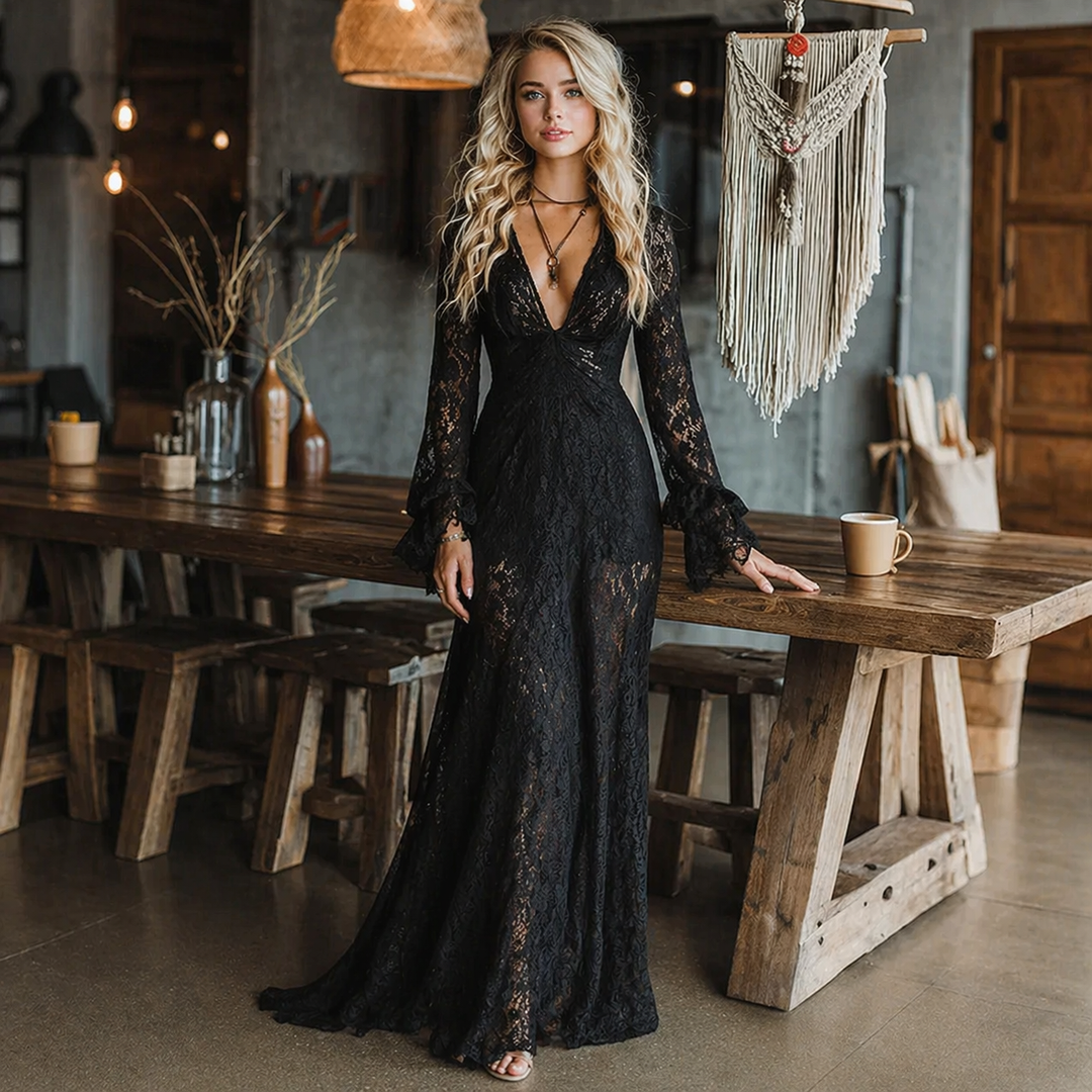 Abito Maxi Nero in Pizzo Gotico con Maniche a Campana e Scollo a V