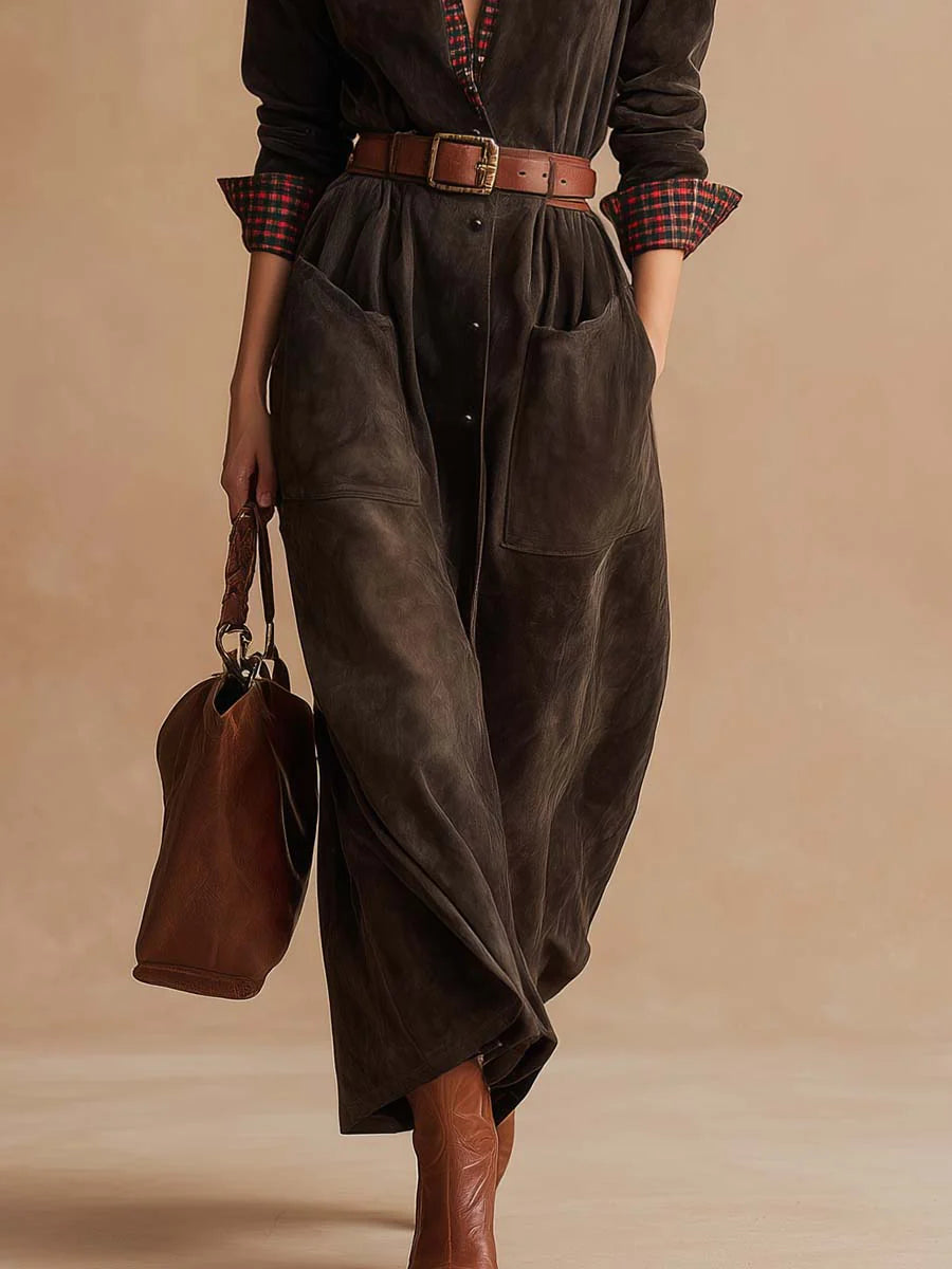 Abito a righe in suede scuro marrone con patchwork (Include cintura)