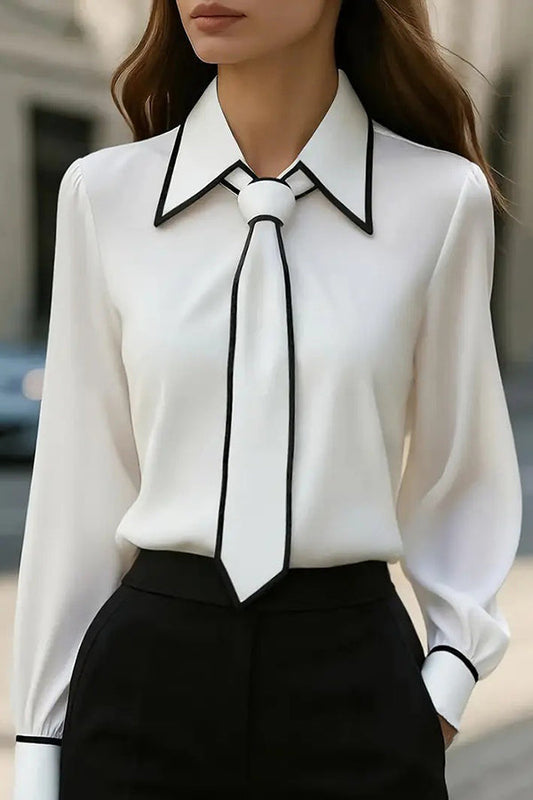Camicia Casual a Maniche Lunghe con Cravatta a Contrasto
