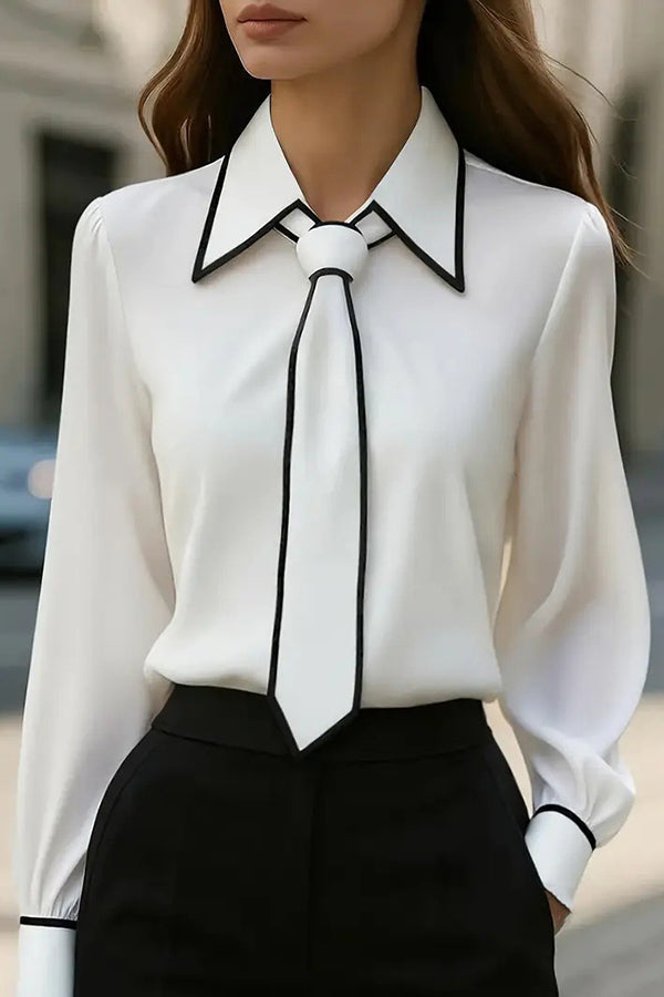 Camicia Casual a Maniche Lunghe con Cravatta a Contrasto