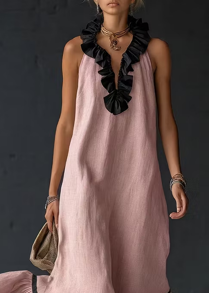 Abito Maxi Ruffle Loose con Scollo a V e Allacciatura Rosa