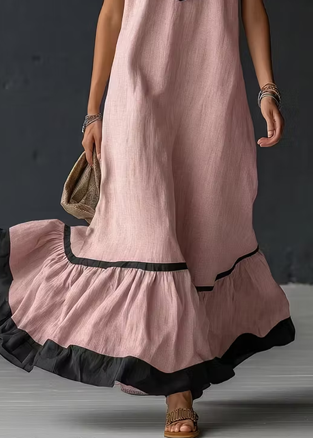 Abito Maxi Ruffle Loose con Scollo a V e Allacciatura Rosa