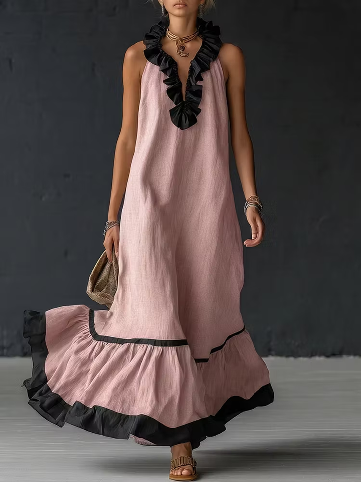 Abito Maxi Ruffle Loose con Scollo a V e Allacciatura Rosa