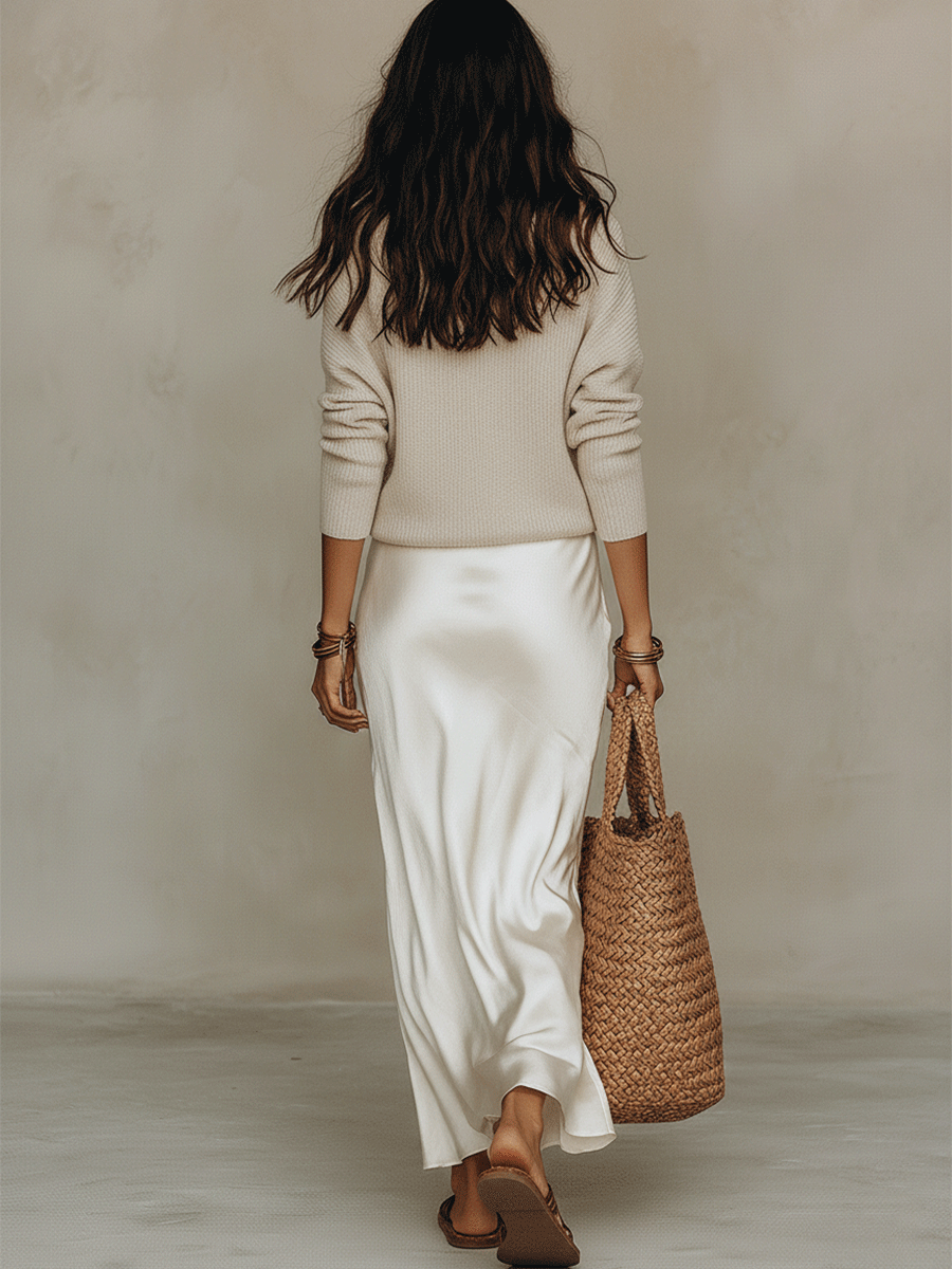 Set Elegante di Pullover in Maglia e Gonna Midi in Satin