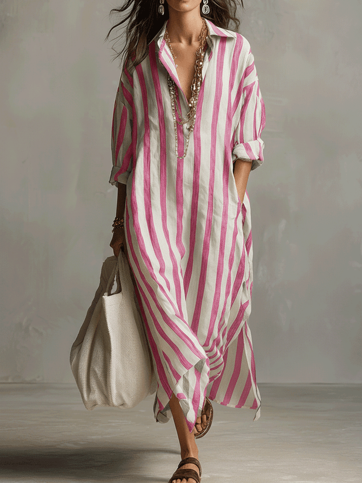 Abito Maxi Stile Bohemien con Camicia a Righe Casual