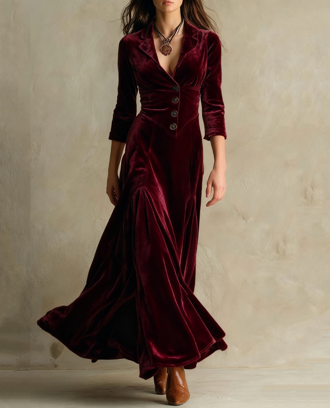 Abito Lungo in Velluto Elegante Retro Marrone con Collo