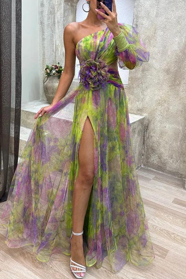 Abito Maxi in Tulle a Fiori Plissettato con Manica a Spalla Unica