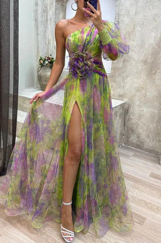 Abito Maxi in Tulle a Fiori Plissettato con Manica a Spalla Unica