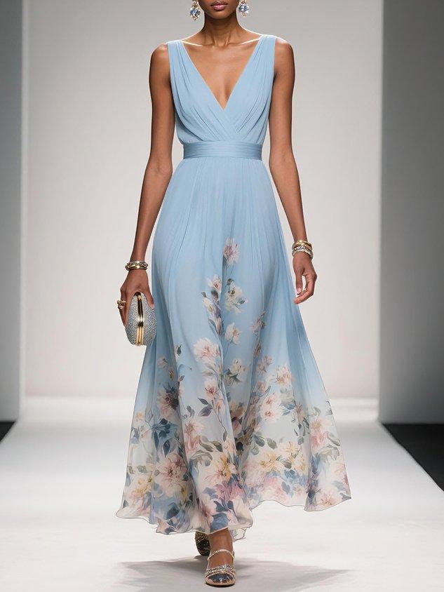 Abito Maxi A-Line Senza Maniche con Scollatura a V in Chiffon Floreale Blu Chiaro