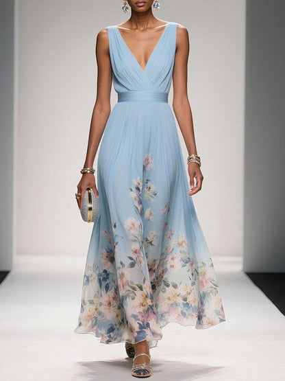 Abito Maxi A-Line Senza Maniche in Chiffon Floreale Blu Chiaro