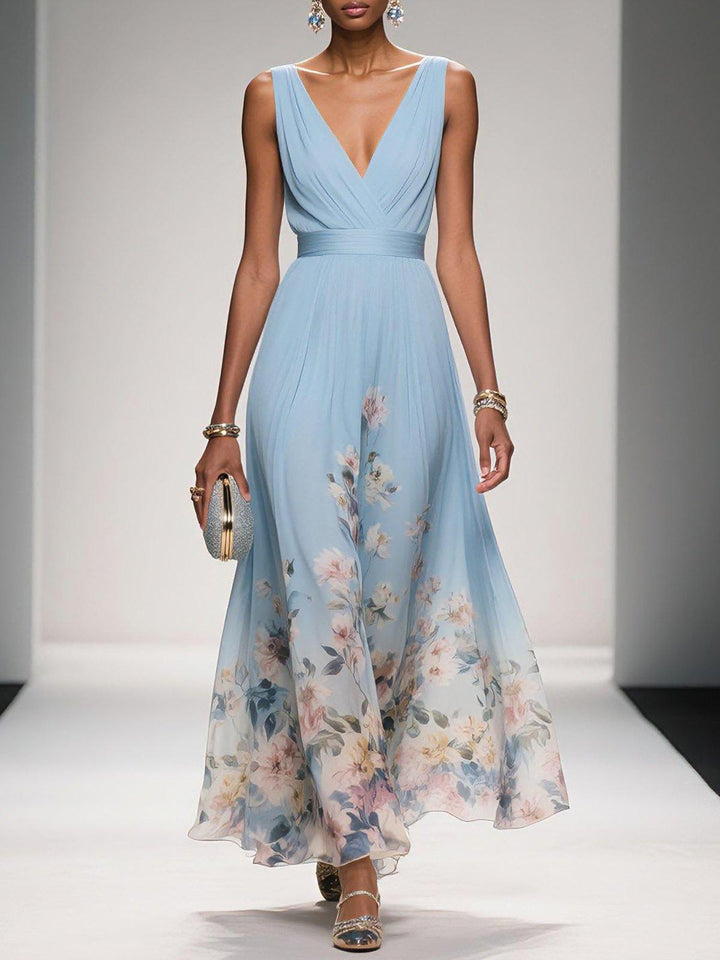 Abito Maxy A-Line Senza Maniche V in Chiffon Blu Chiaro con Fiori
