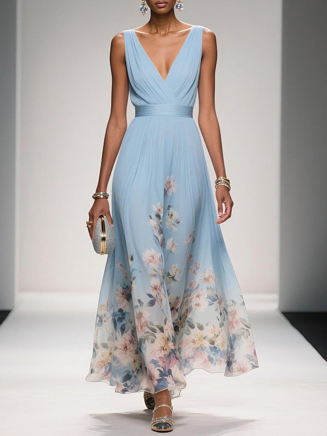 Abito Maxi A-Line Senza Maniche in Chiffon Floreale Blu Chiaro